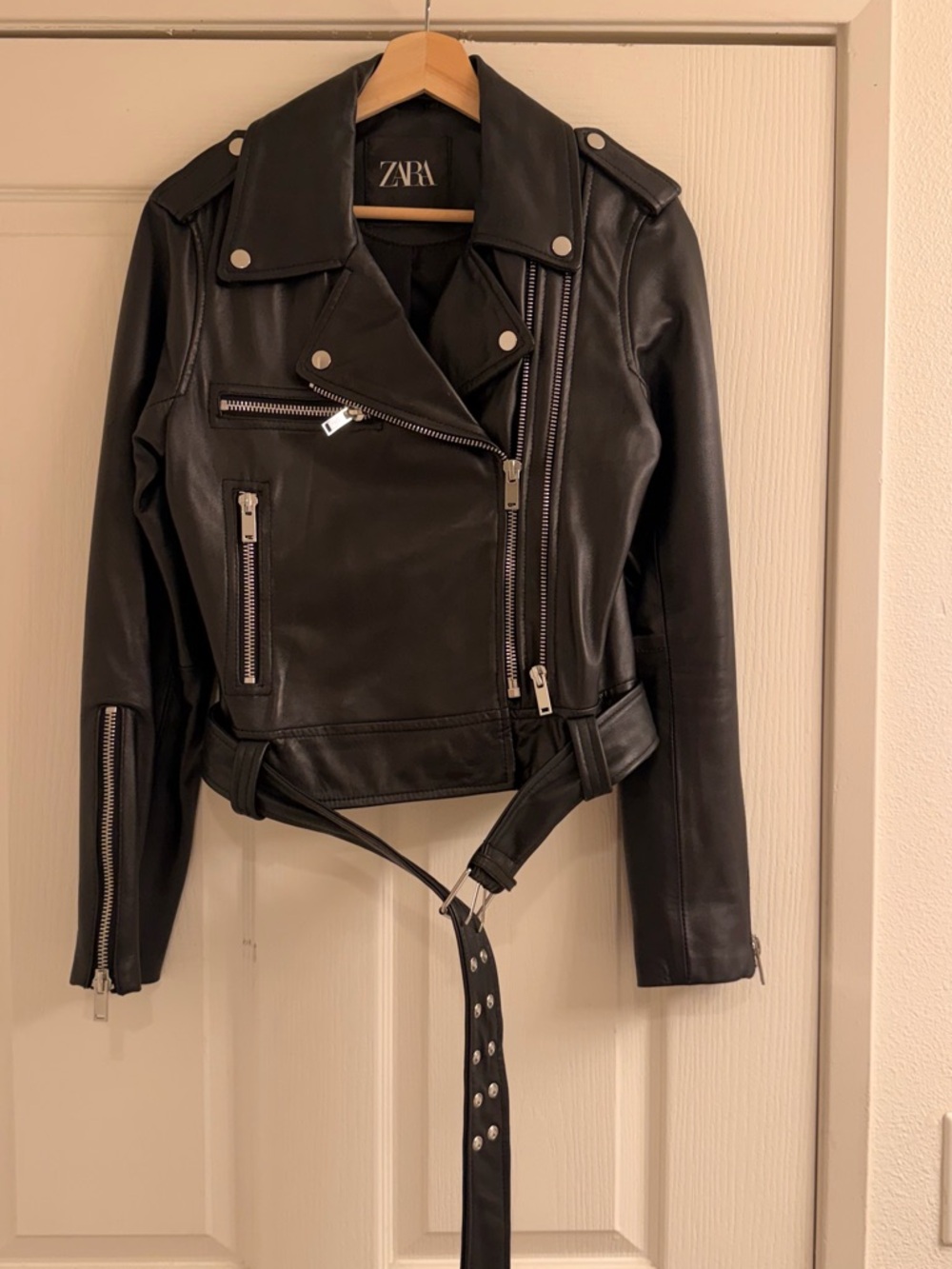 ZARA Black Leather Moto Jacket with Belted Waist